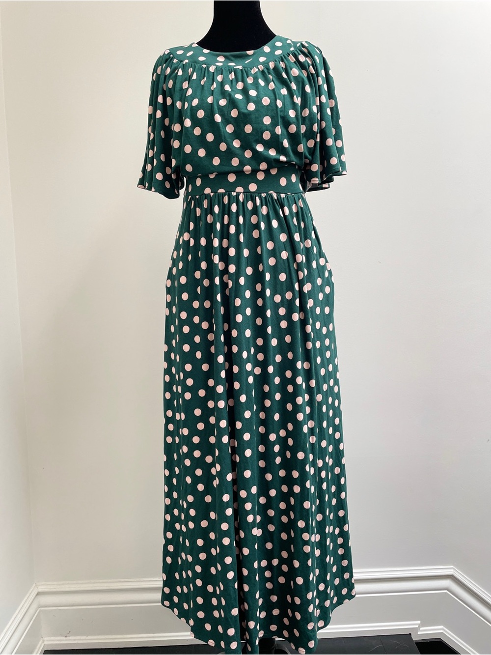 Boden Yoke Panel Maxi Dress Green Pink Polka Dot US 6 UK 10